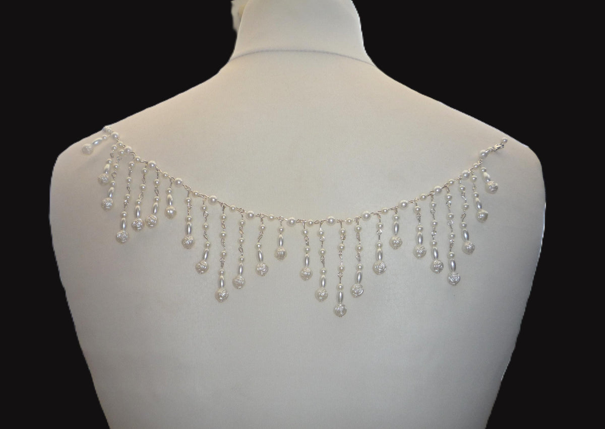 Pearl Back Necklace Rose Pearls Tassels, Brides Wedding draped necklace Body Chain