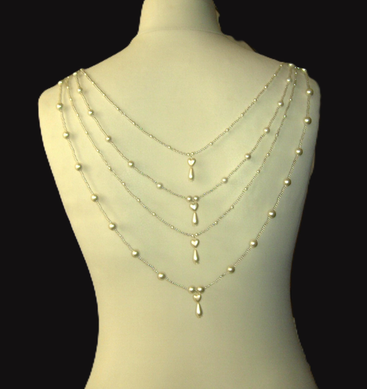 Crystal Pearl Drop Heart Draped Wedding Necklace: Front or back Silver Bridal Body Chain