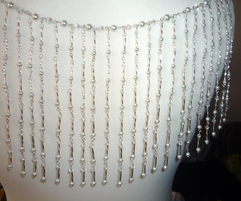 Crystal Pearl Back Drape Necklace Silver Twist Tassels, Brides Wedding draped necklace Body Chain