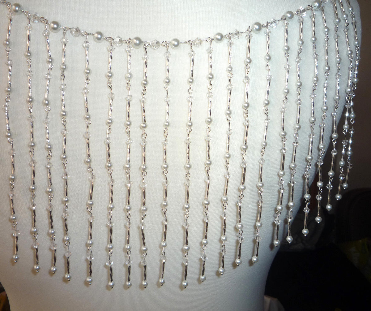 Crystal Pearl Back Drape Necklace Silver Twist Tassels, Brides Wedding draped necklace Body Chain