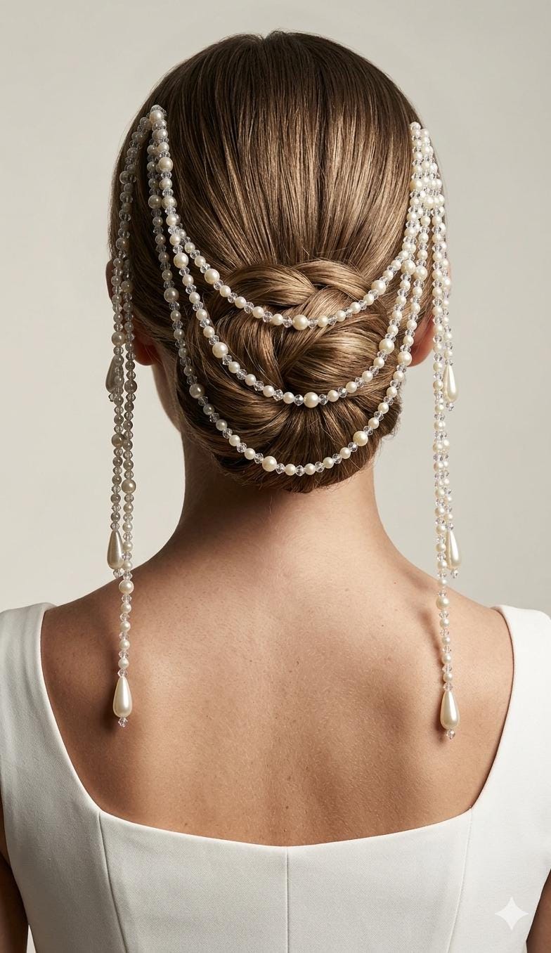 Crystal and pearl teardrop wedding hair chain accessory comb. Choose 2 or 3 rows. Bridal headpiece.