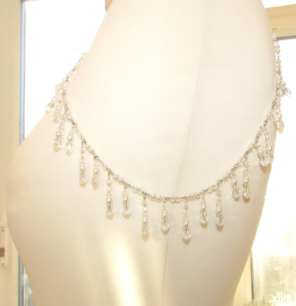 Shoulder Chains Crystal drop Epaulettes:  Treadrop with Crystals, pearls and rice pearls. Handmade Silver Body Jewellery 1 pair