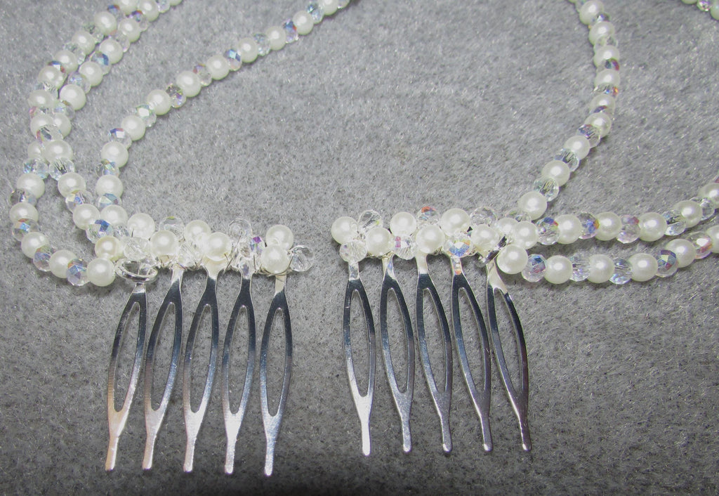 AB Crystal & Pearl Bridal Hair Chain Comb | 3 Row Wedding Headpiece | Handmade Bridal Hair Accessory