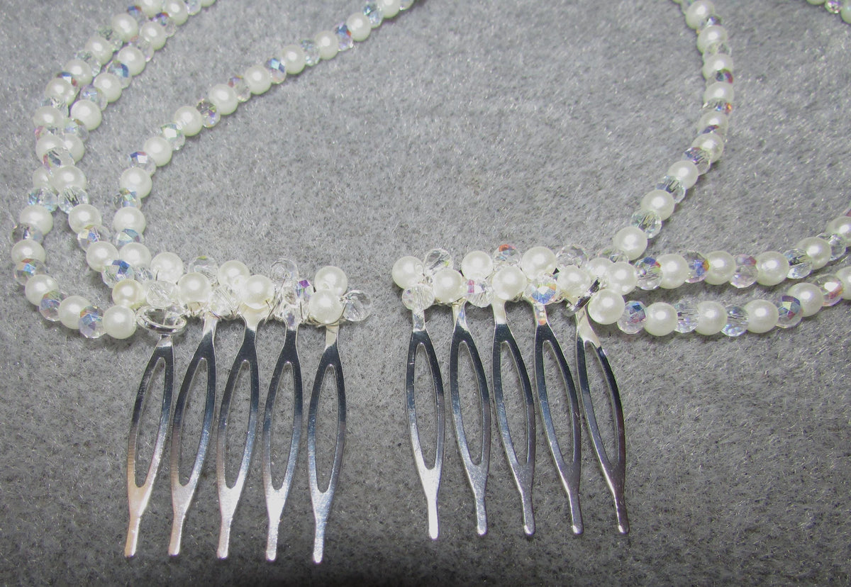 AB Crystal & Pearl Bridal Hair Chain Comb | 3 Row Wedding Headpiece | Handmade Bridal Hair Accessory