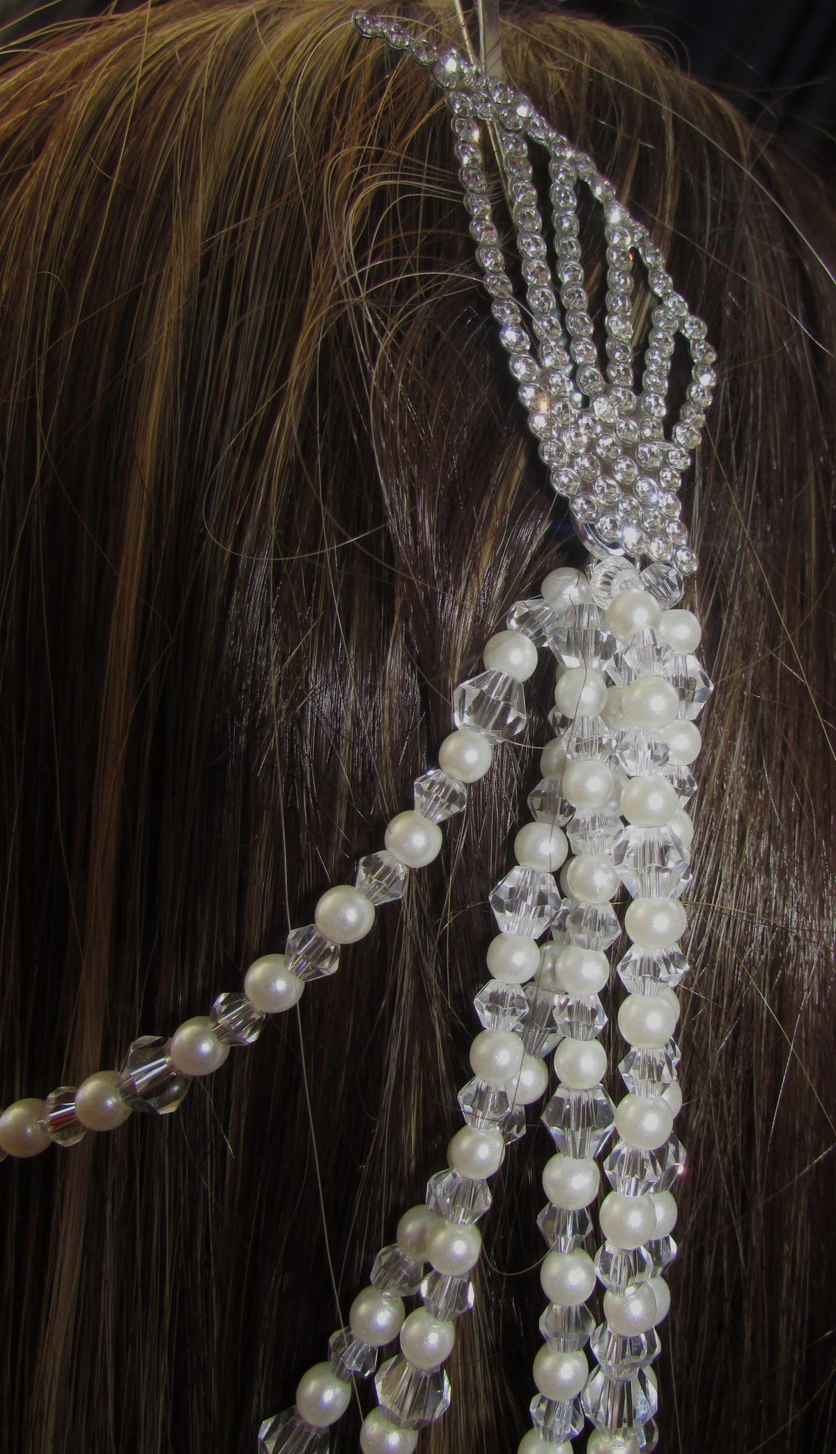 Pearl and crystal teardrops wedding hair chain accessory clip grips. 3 rows Bridal headpiece accessory.