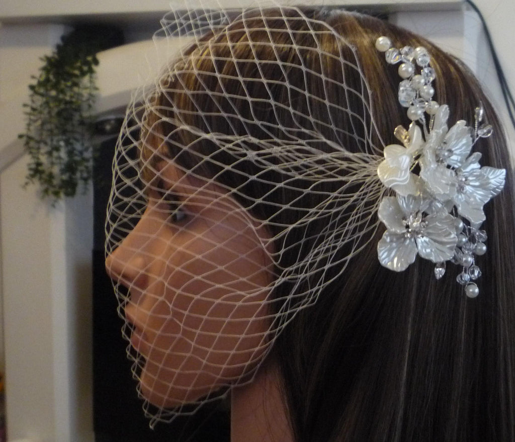 Birdcage veil bandeau 8 inch wedding veil Ivory Pearl crystal diamante flowers clip.