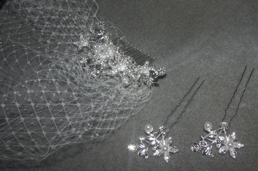 Birdcage veil wedding veil Ivory Diamante and Pearl comb with 2 matching head pins.