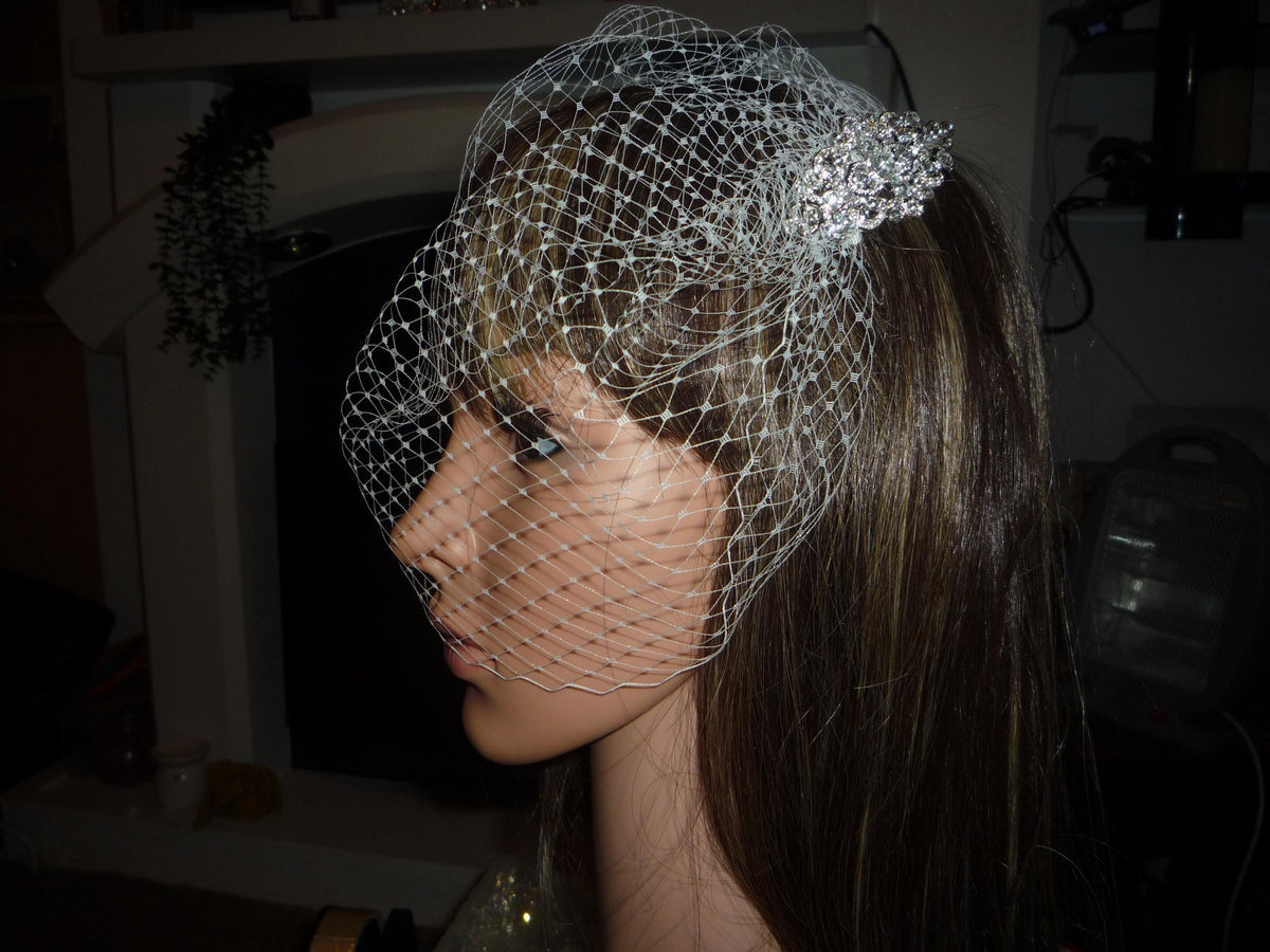 Birdcage veil Ivory detachable wedding veil with Diamante comb.