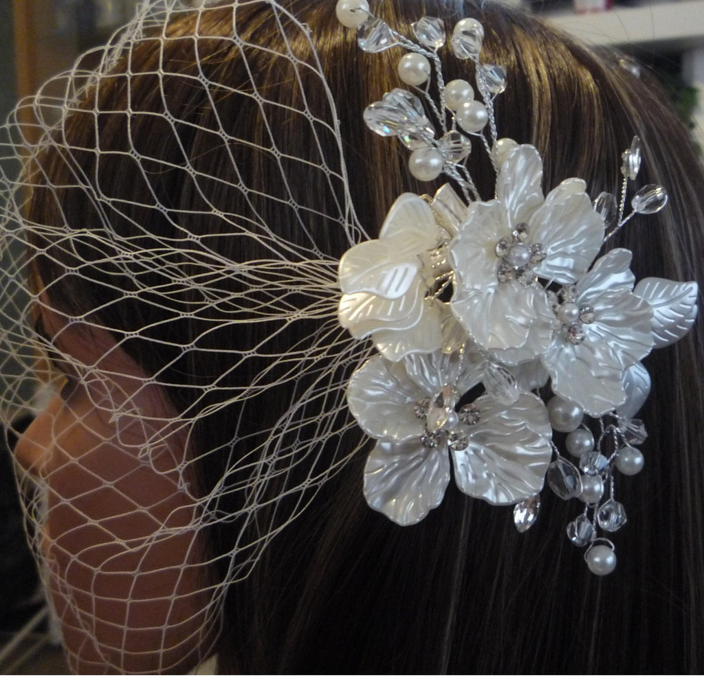 Birdcage veil bandeau 8 inch wedding veil Ivory Pearl crystal diamante flowers clip.