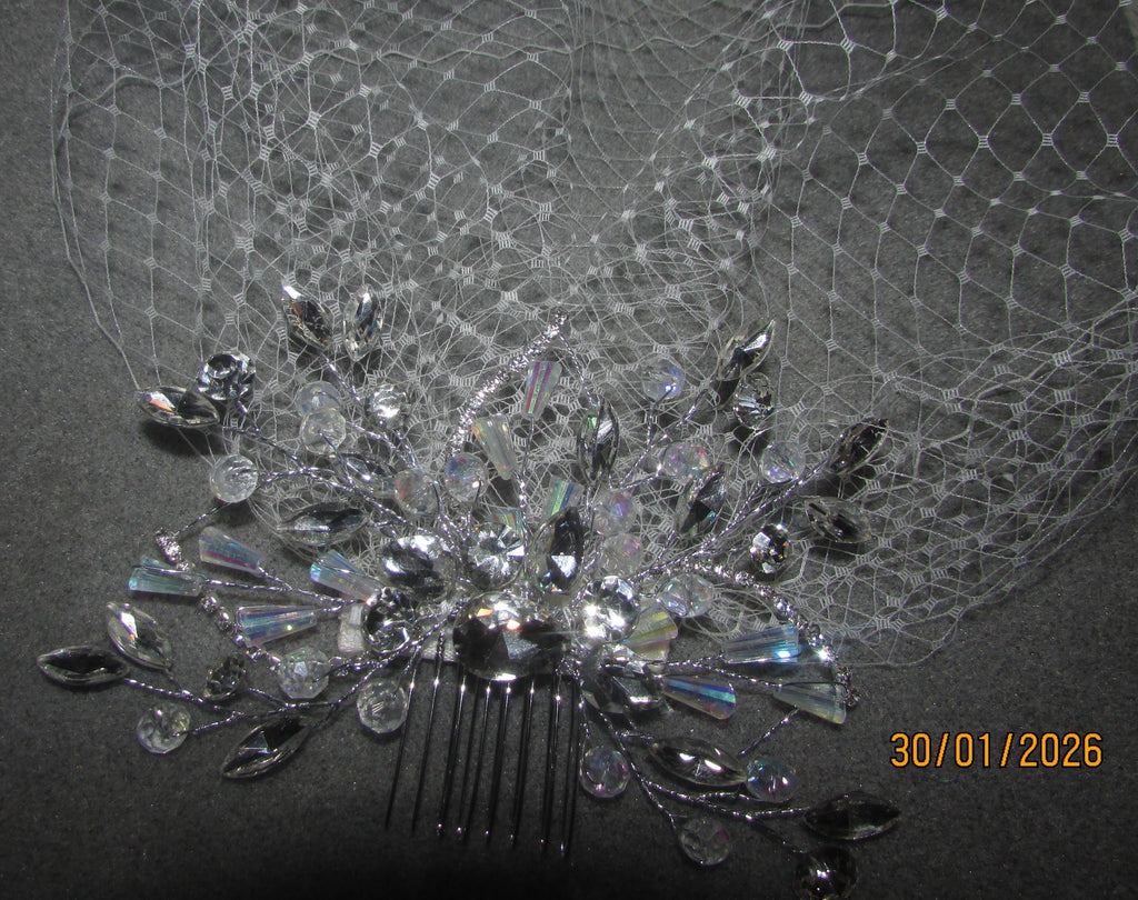 Handmade Ivory detachable Birdcage wedding veil with Diamante Rhinestone crystal comb.