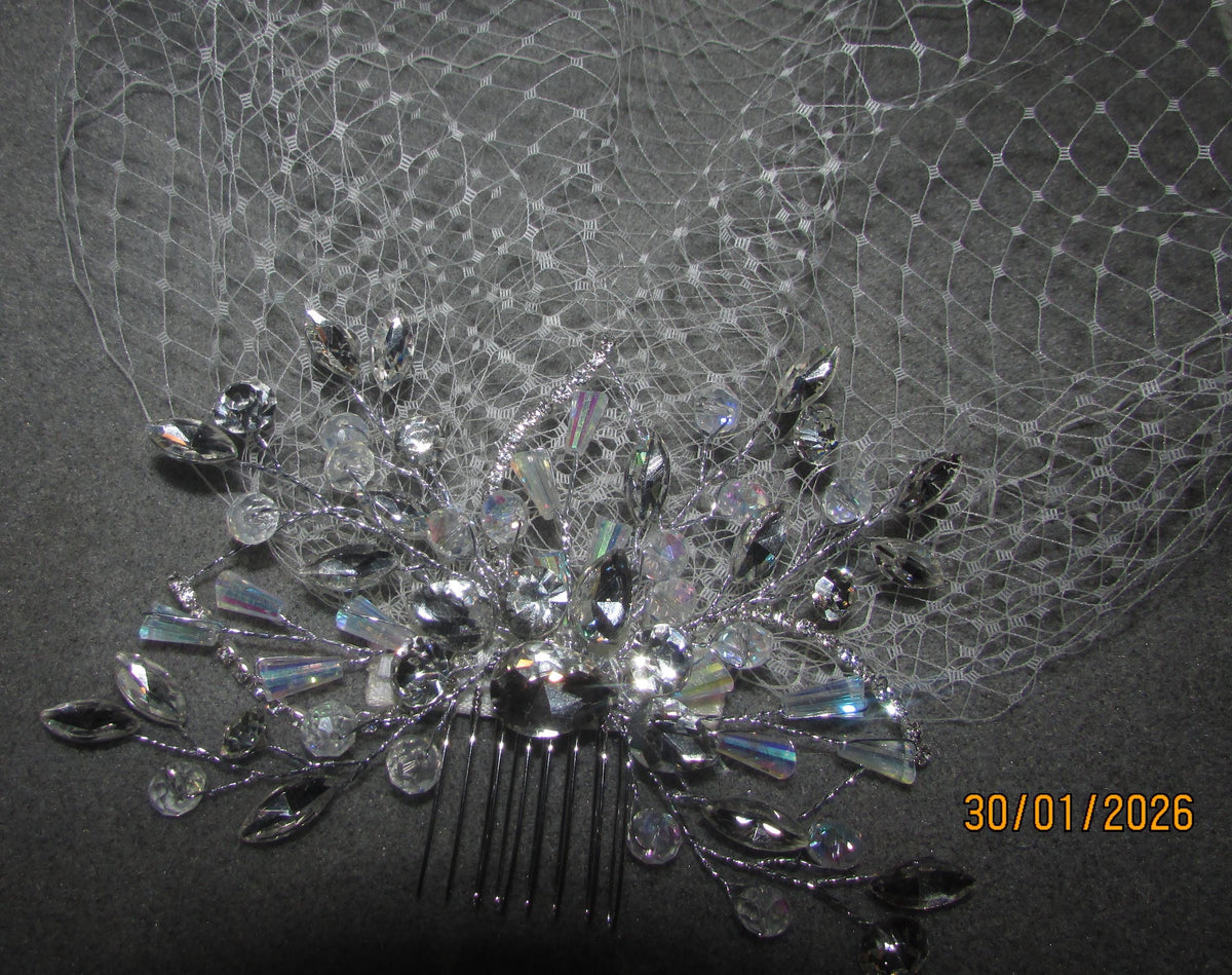 Handmade Ivory detachable Birdcage wedding veil with Diamante Rhinestone crystal comb.