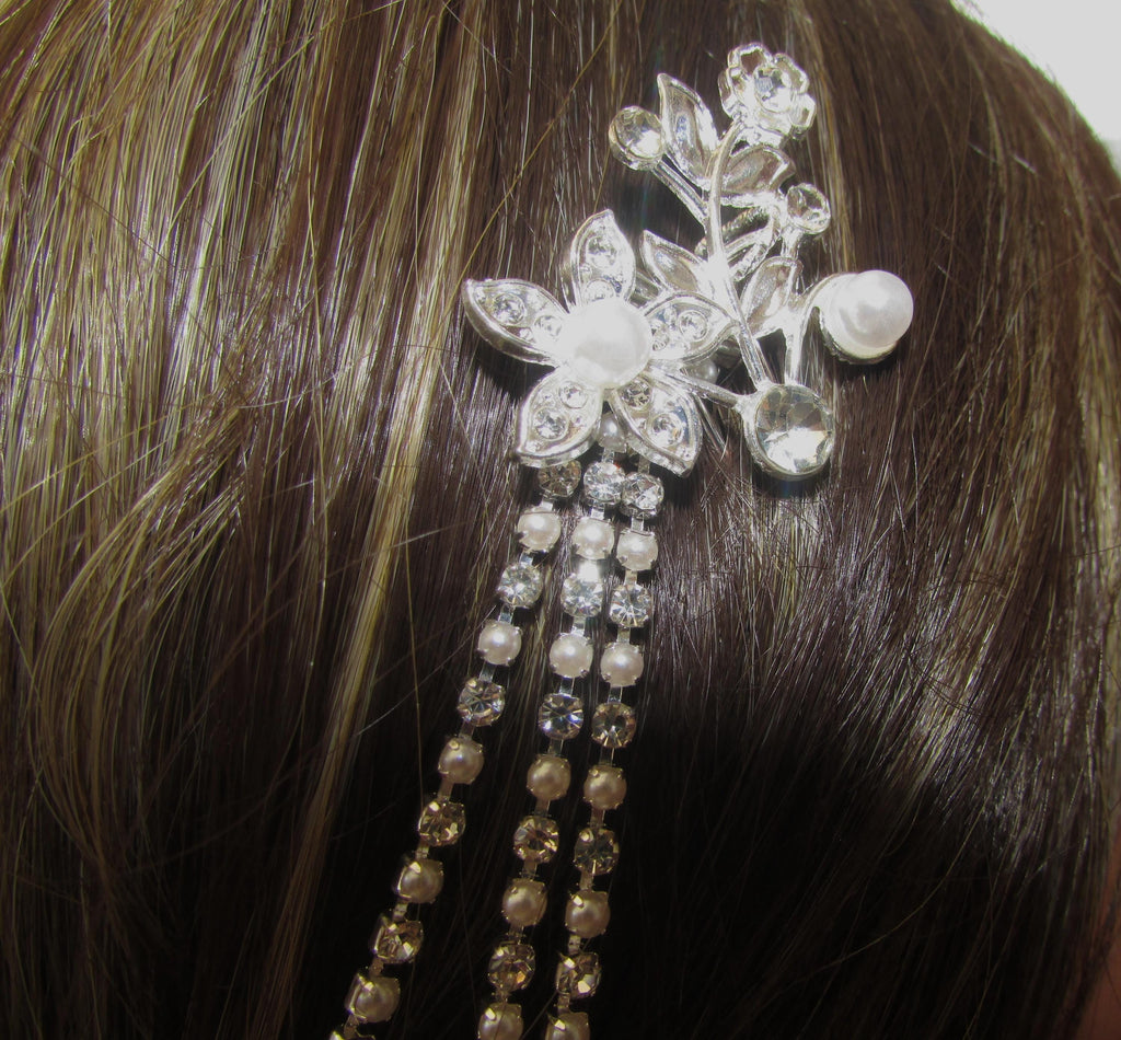 Pearl and Diamante rhinestone wedding hair chain and comb hair accessory. 3 rows. Bridal headpiece accessory.