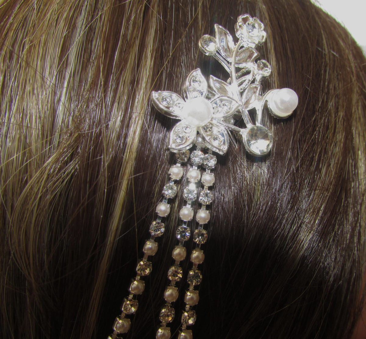 Pearl and Diamante rhinestone wedding hair chain and comb hair accessory. 3 rows. Bridal headpiece accessory.
