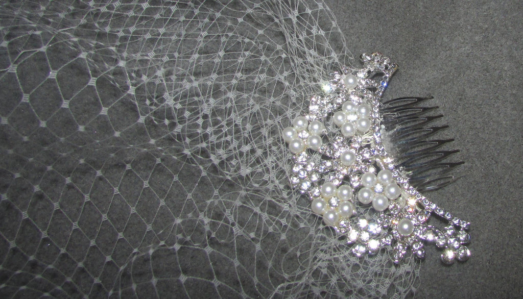 Birdcage veil wedding veil Ivory Diamante and Pearl arched comb.