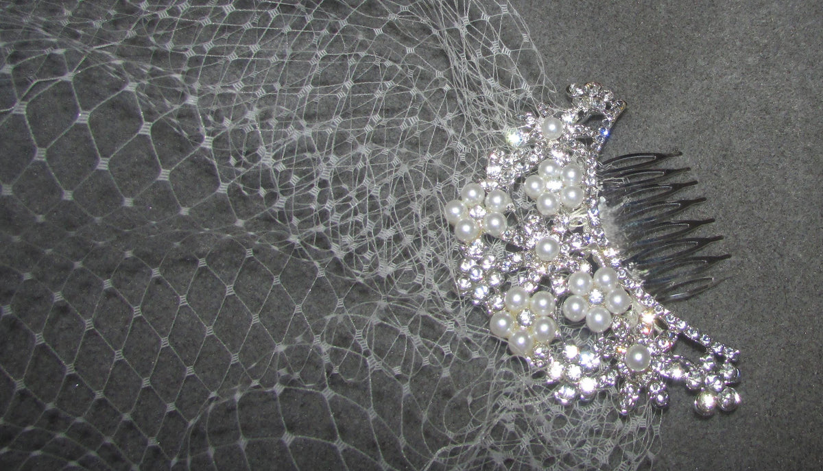 Birdcage veil wedding veil Ivory Diamante and Pearl arched comb.
