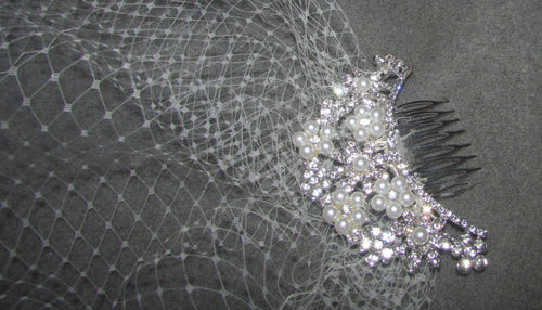 Birdcage veil wedding veil Ivory Diamante and Pearl arched comb.