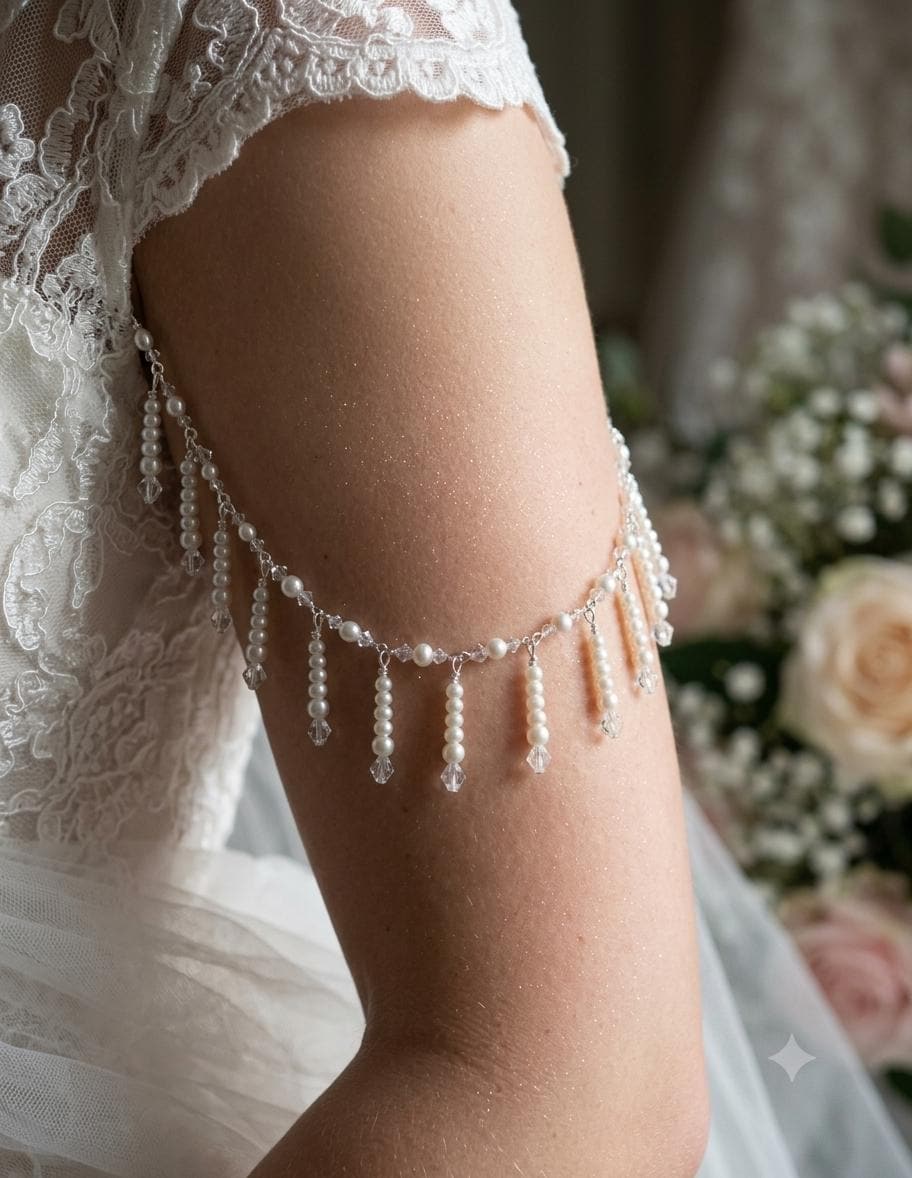AB Crystal and pearl drop arm Chains Handmade Silver Wedding Body Jewellery  sold as 1 pair. Choose 1 or 2 row options