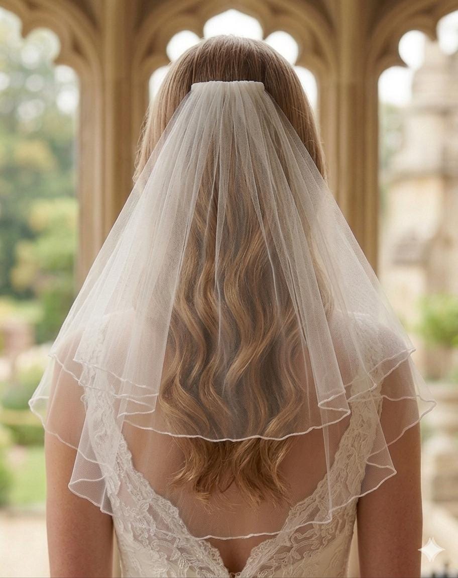 Ivory Wedding veil. Short 2 tier 18 / 20 inch. Pencil edged. Hen do bridal veil Up do style. Pale Ivory option.