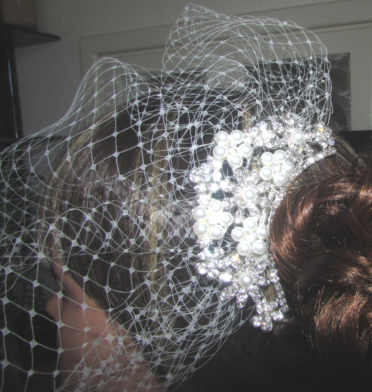 Birdcage veil wedding veil Ivory Diamante and Pearl arched comb.