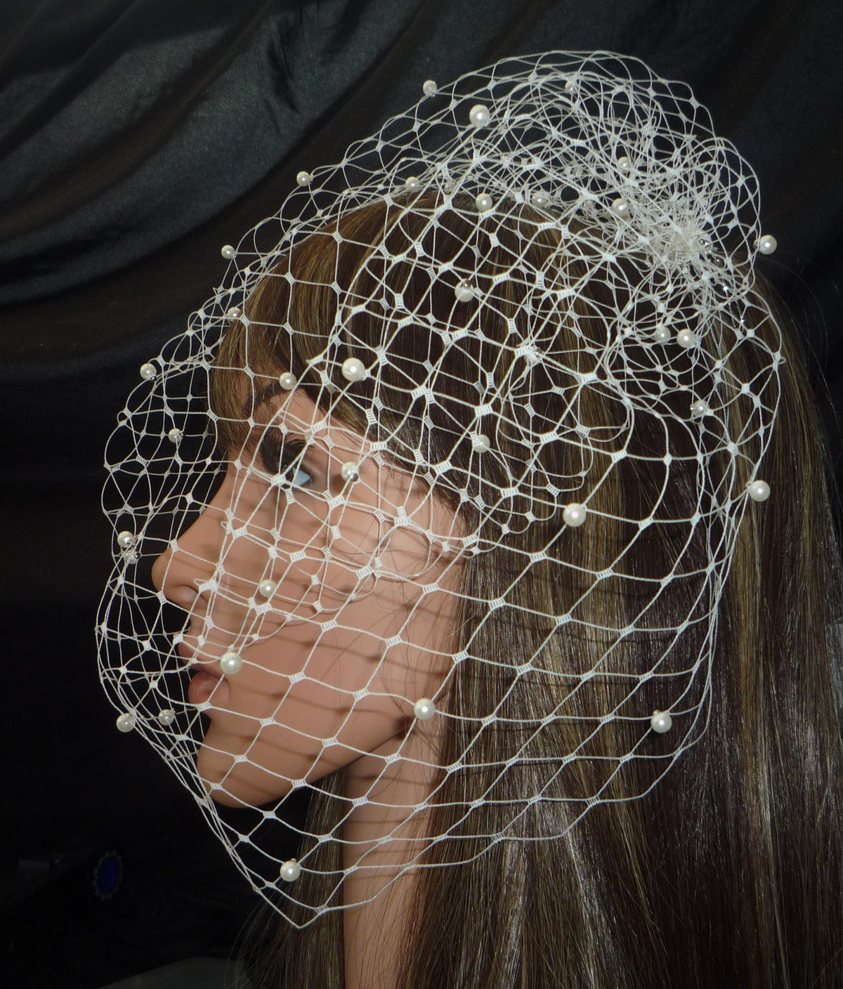 Ivory Birdcage veil 12" wedding veil with pearls.