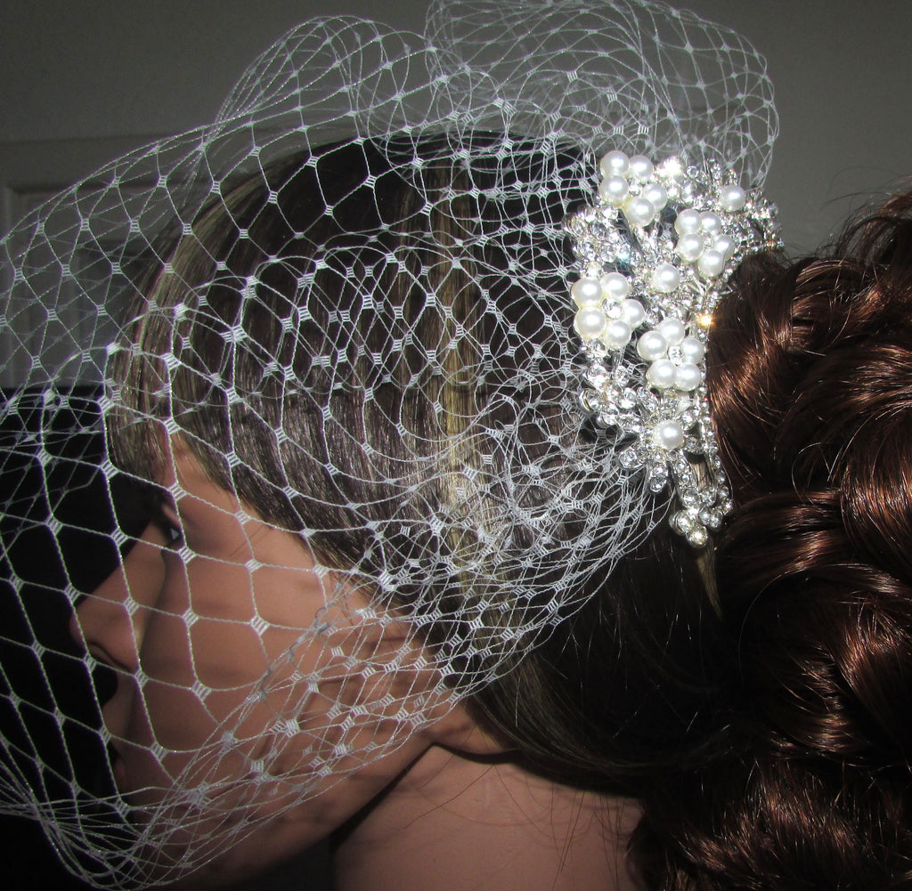 Birdcage veil wedding veil Ivory Diamante and Pearl arched comb.