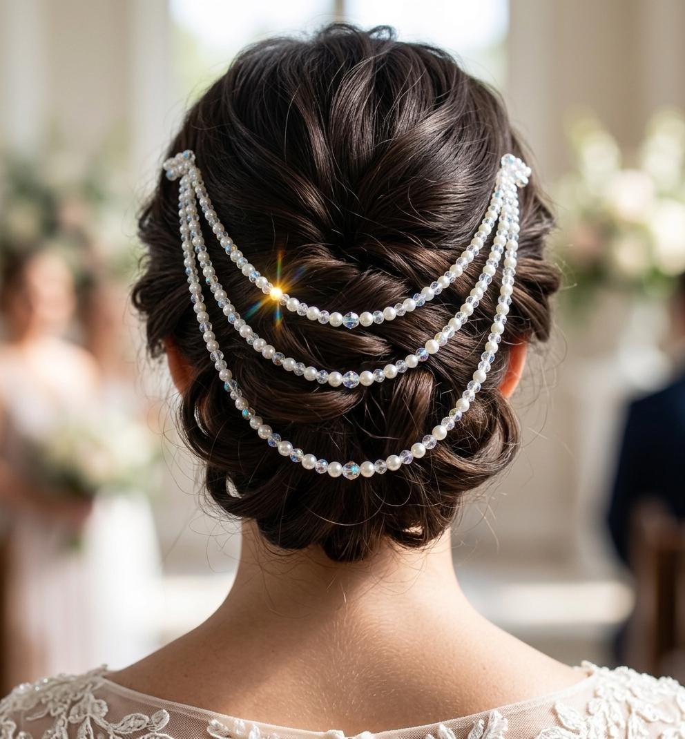 AB Crystal & Pearl Bridal Hair Chain Comb | 3 Row Wedding Headpiece | Handmade Bridal Hair Accessory