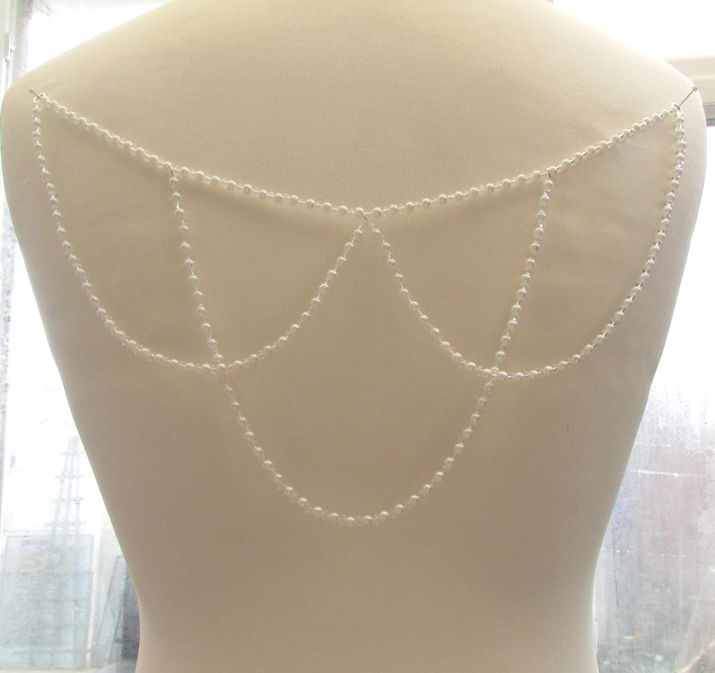 Crystal and Pale Ivory Pearl Loop back drape necklace 3 rows bridal chains wedding dress accessory.