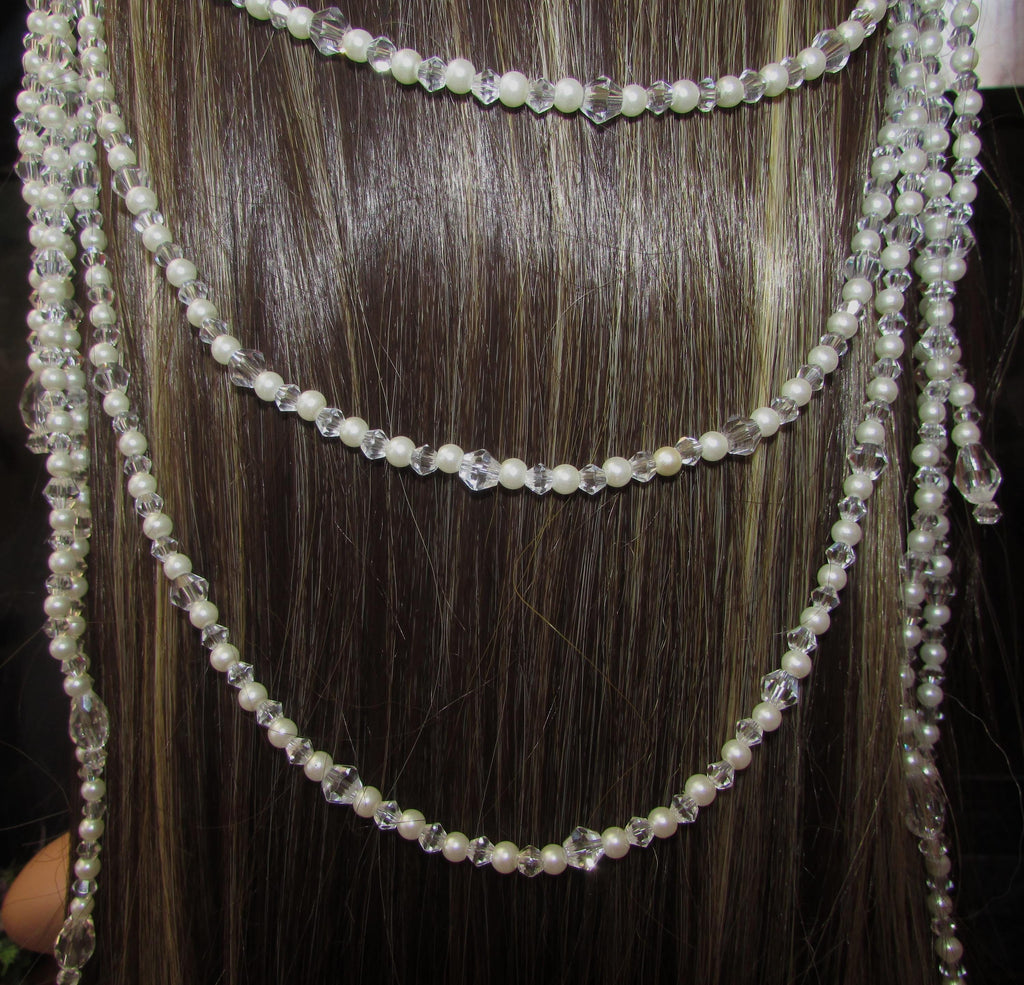Pearl and crystal teardrops wedding hair chain accessory clip grips. 3 rows Bridal headpiece accessory.