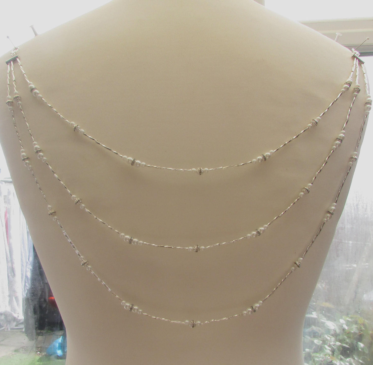 Diamantes pearl silver twists Wedding Back Draped chain Necklace: Wedding dress accessory. Handmade Silver Body Chain