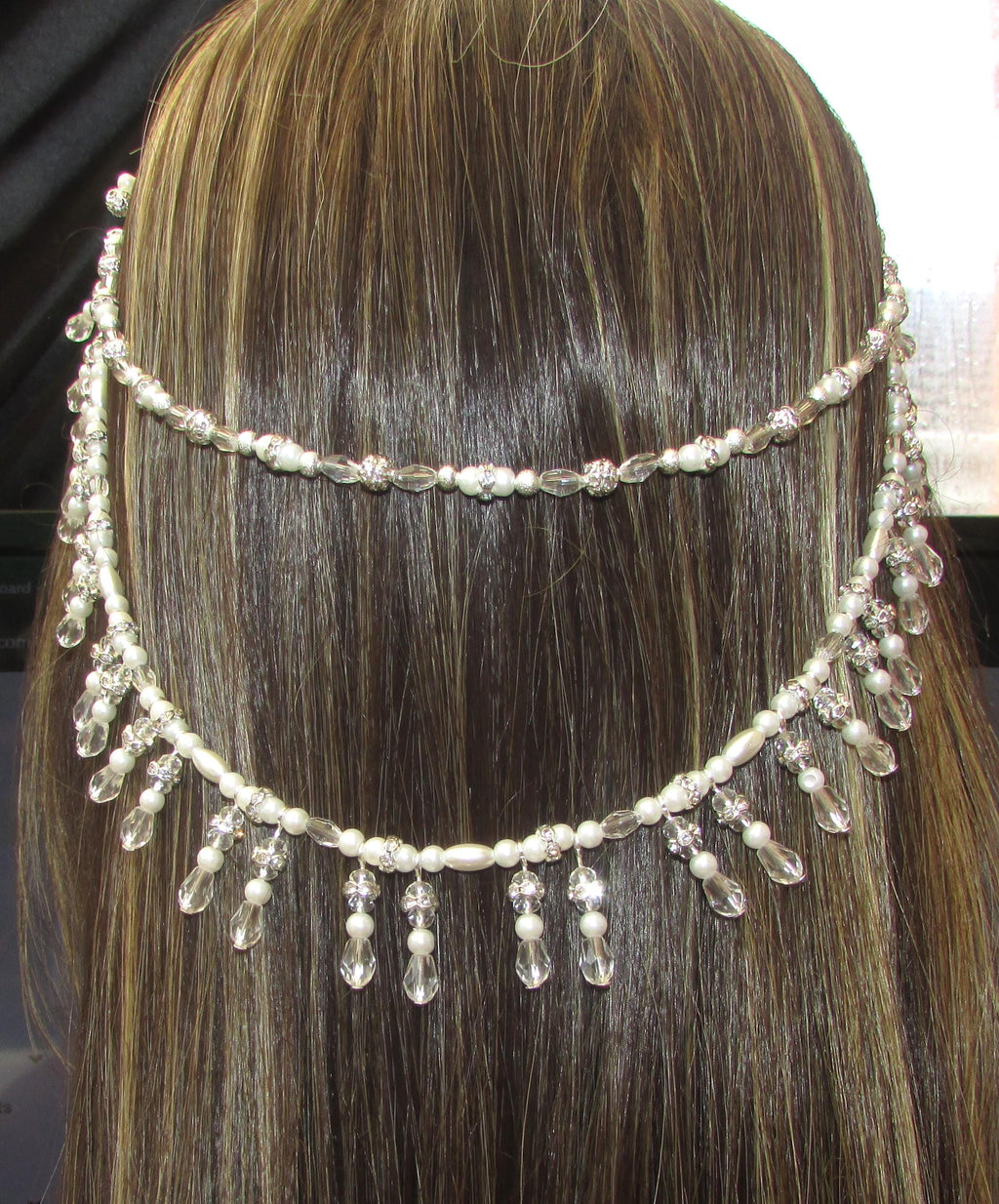 Crystal pearl diamante teardrop wedding hair chain accessory comb. Choose 2 rows. Bridal headpiece.
