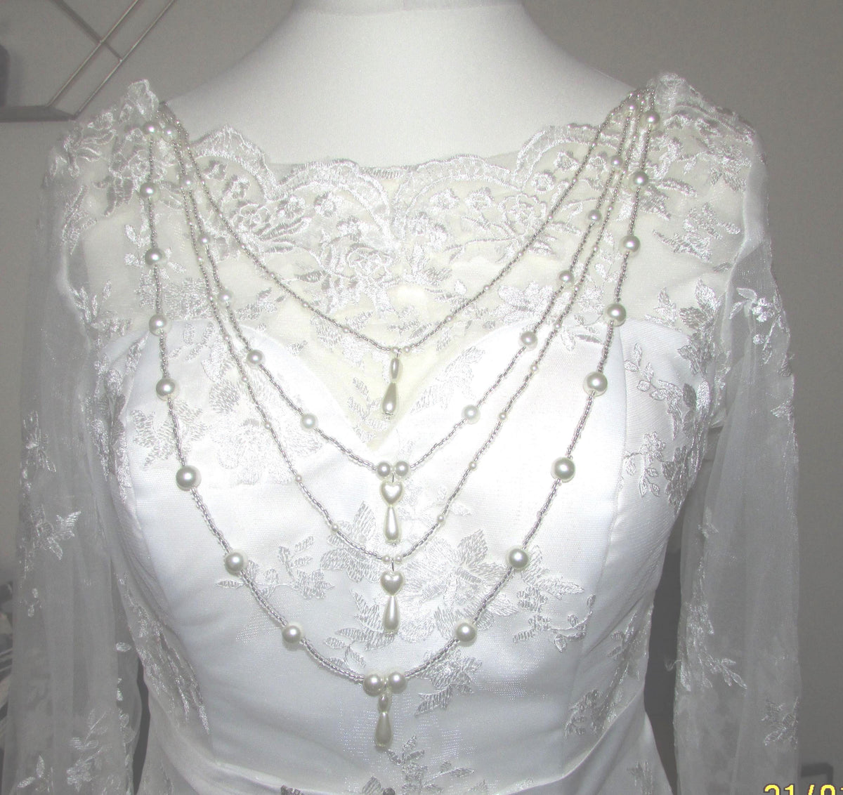 Crystal Pearl Drop Heart Draped Wedding Necklace: Front or back Silver Bridal Body Chain