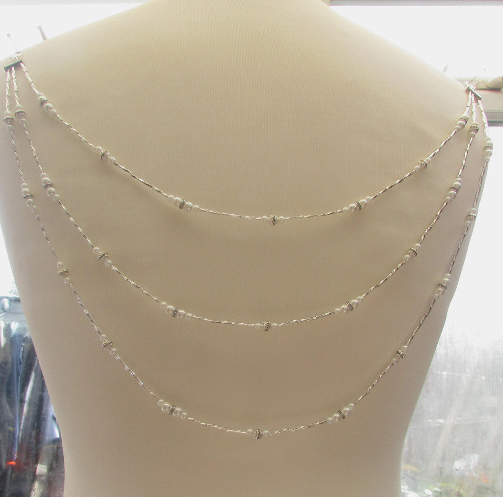 Diamantes pearl silver twists Wedding Back Draped chain Necklace: Wedding dress accessory. Handmade Silver Body Chain