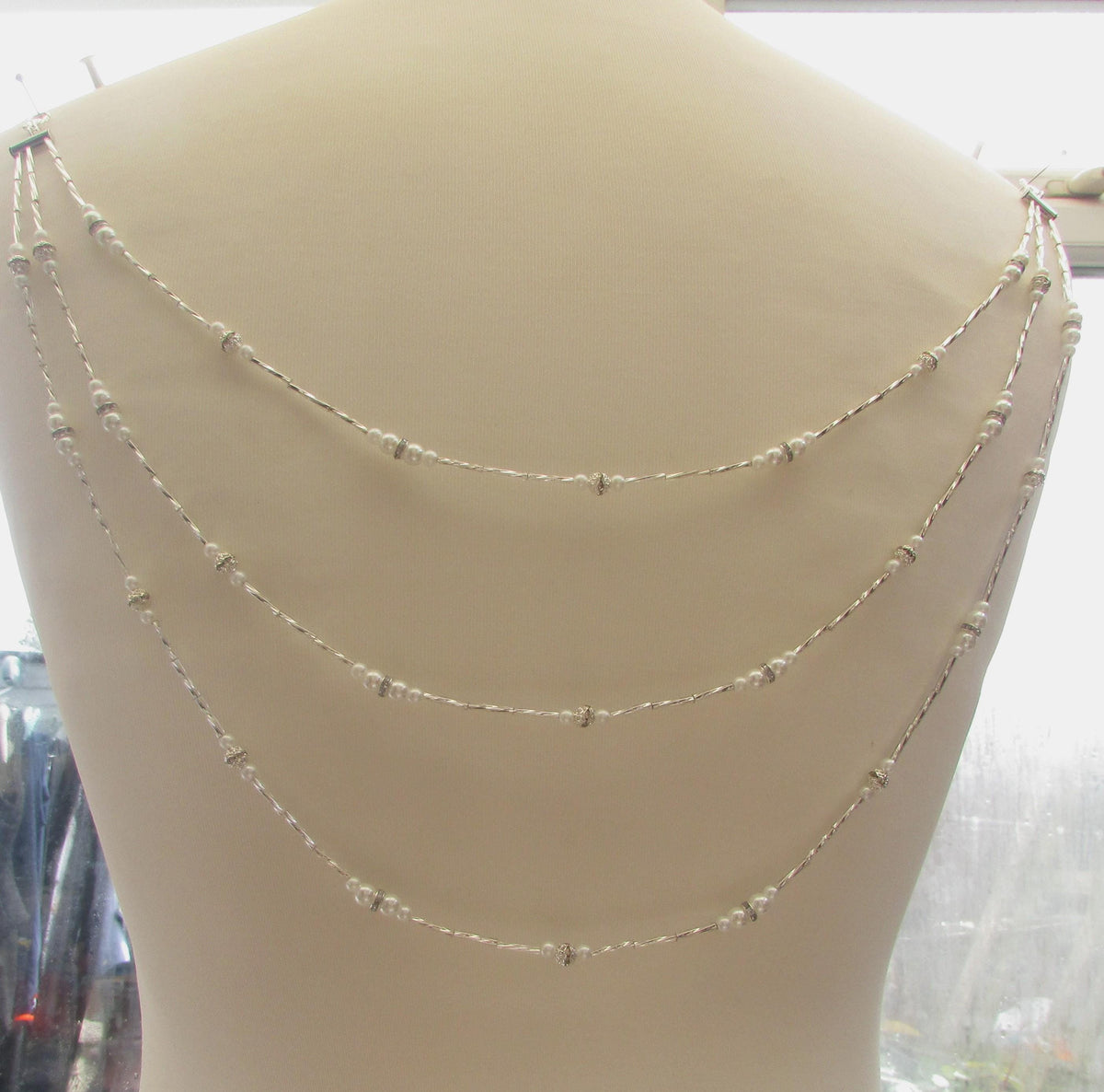 Diamantes pearl silver twists Wedding Back Draped chain Necklace: Wedding dress accessory. Handmade Silver Body Chain