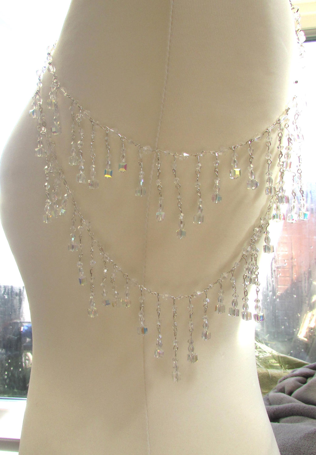 Shoulder arm Chains Crystal drop cube Epaulettes: 2 rows Handmade Silver Body Jewellery 1 pair