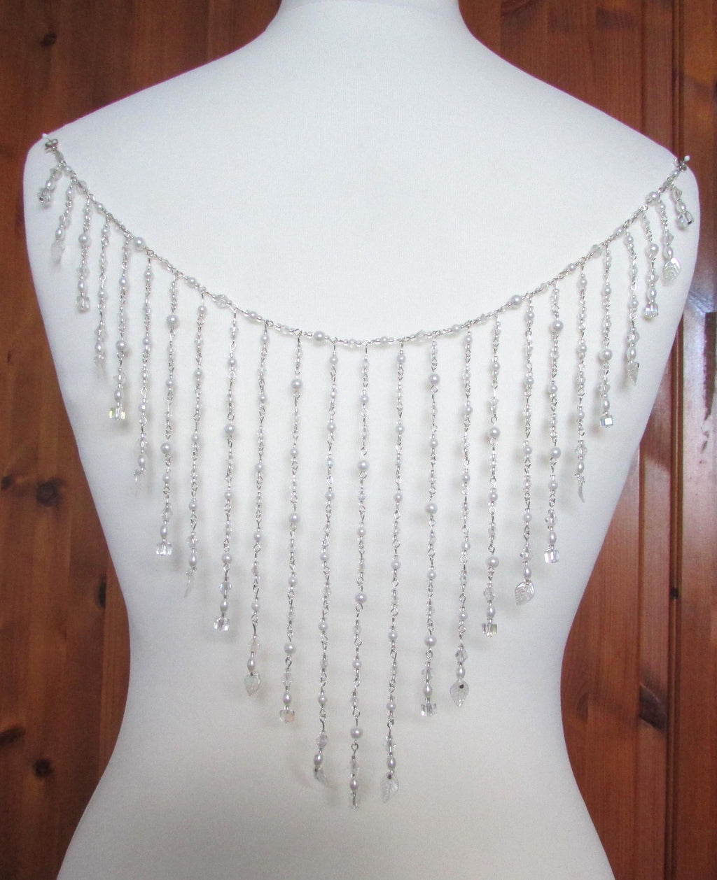 Crystal Pearl Back Drape Necklace AB Cube leaf Tassels, Brides Wedding dress statement draped back Body Chain.