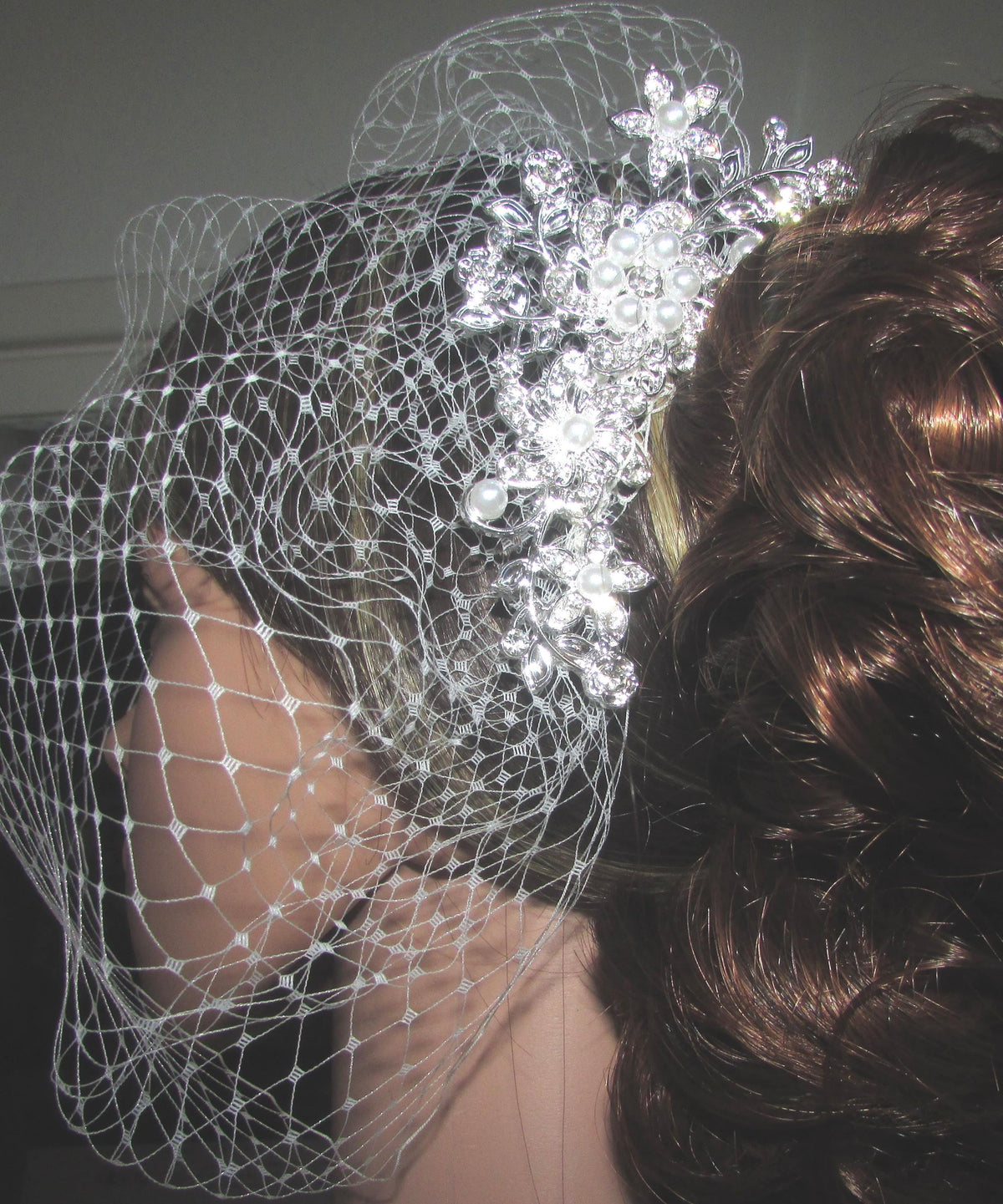 Birdcage veil wedding veil Ivory Diamante and Pearl comb.