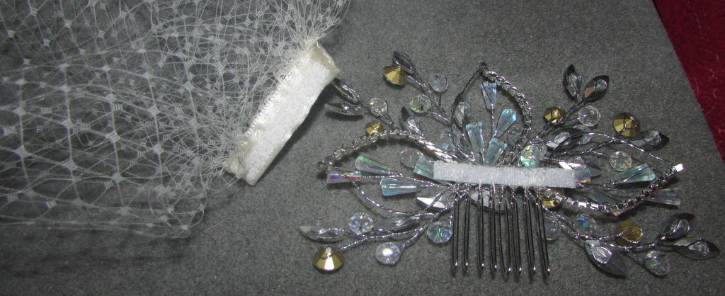 Handmade Ivory detachable Birdcage wedding veil with Diamante Rhinestone crystal comb.