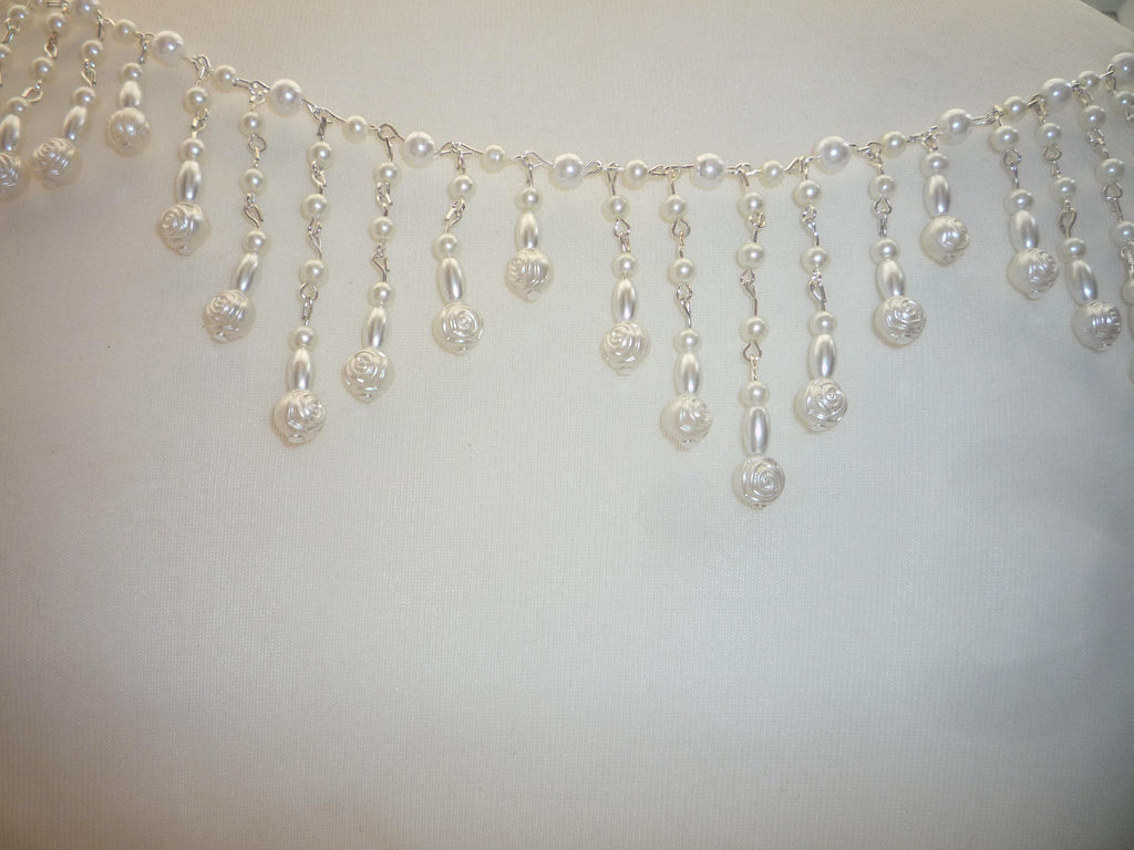 Pearl Back Necklace Rose Pearls Tassels, Brides Wedding draped necklace Body Chain