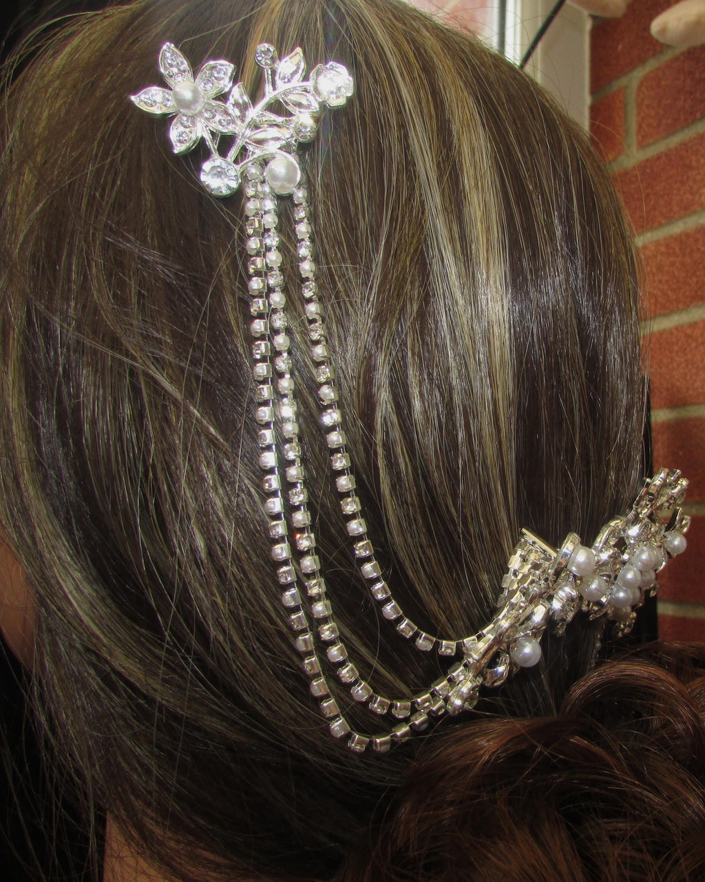 Pearl and Diamante rhinestone wedding hair chain and comb hair accessory. 3 rows. Bridal headpiece accessory.