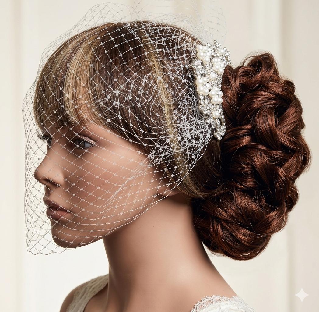 Birdcage veil wedding veil Ivory Diamante and Pearl arched comb.