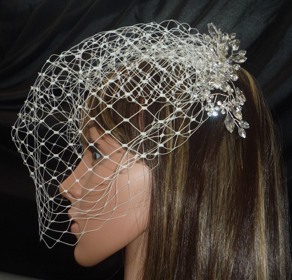 Ivory Birdcage Wedding Veil 12" | Diamante Crystal Pearl Comb | Handmade Bridal Veil