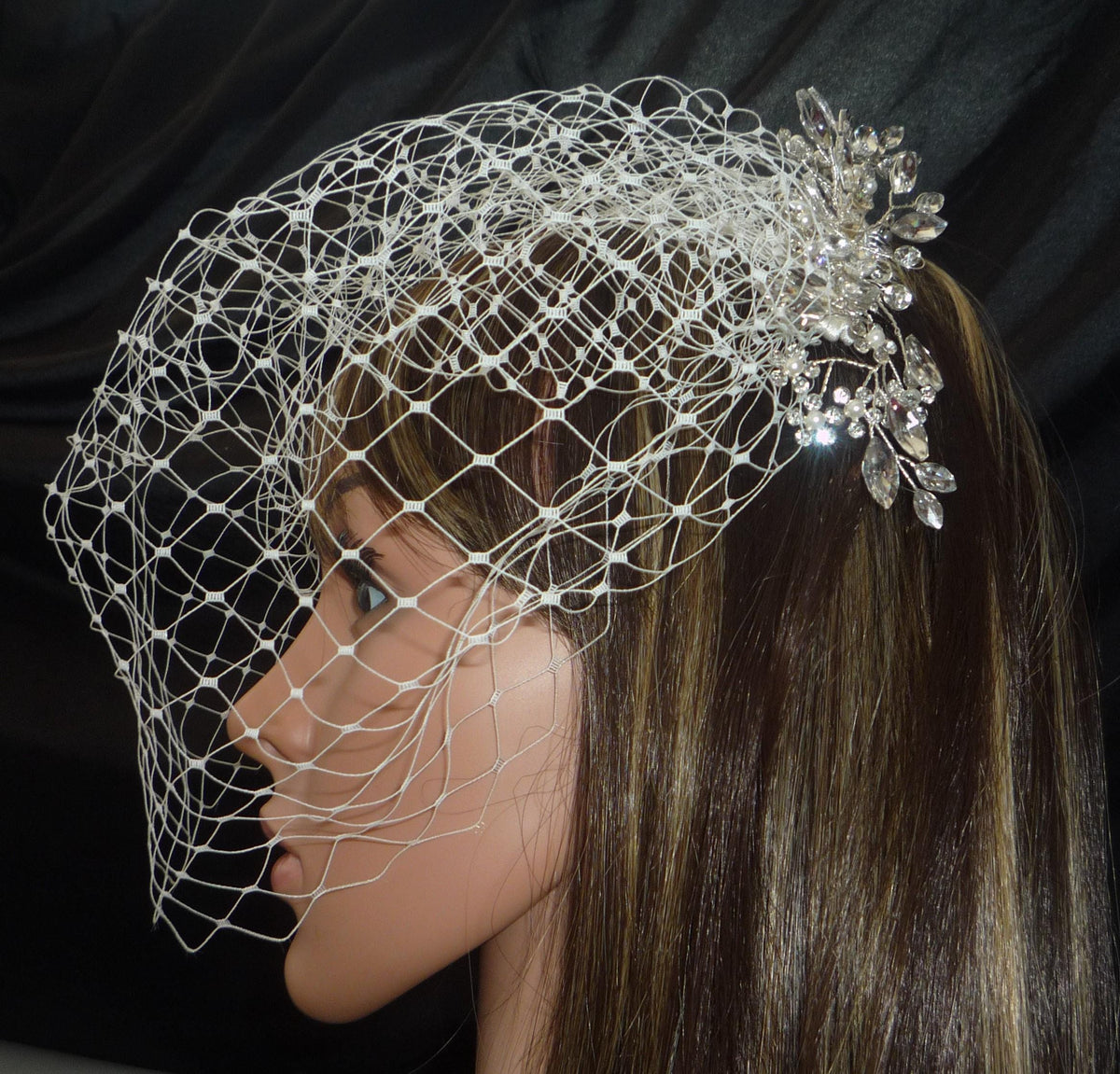 Ivory Birdcage Wedding Veil 12" | Diamante Crystal Pearl Comb | Handmade Bridal Veil
