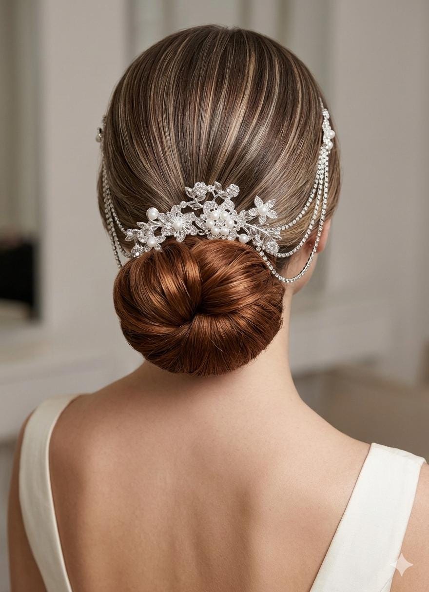 Pearl and Diamante rhinestone wedding hair chain and comb hair accessory. 3 rows. Bridal headpiece accessory.