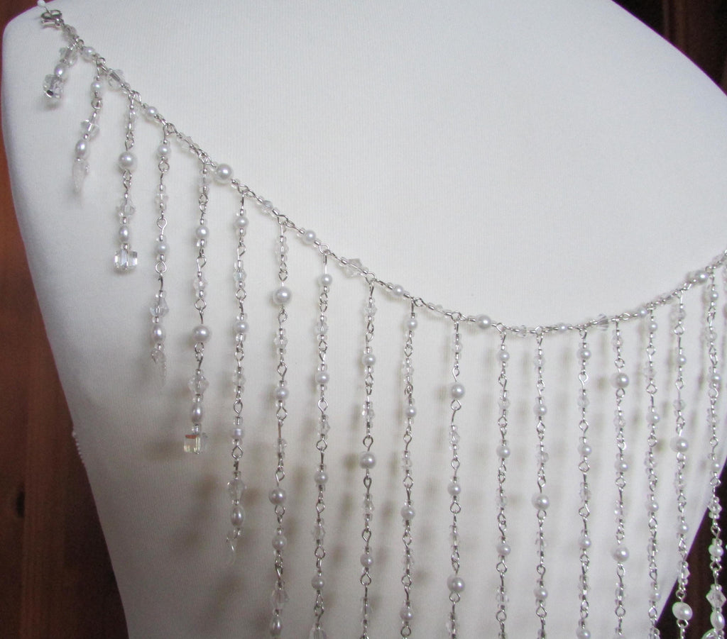Crystal Pearl Back Drape Necklace AB Cube leaf Tassels, Brides Wedding dress statement draped back Body Chain.
