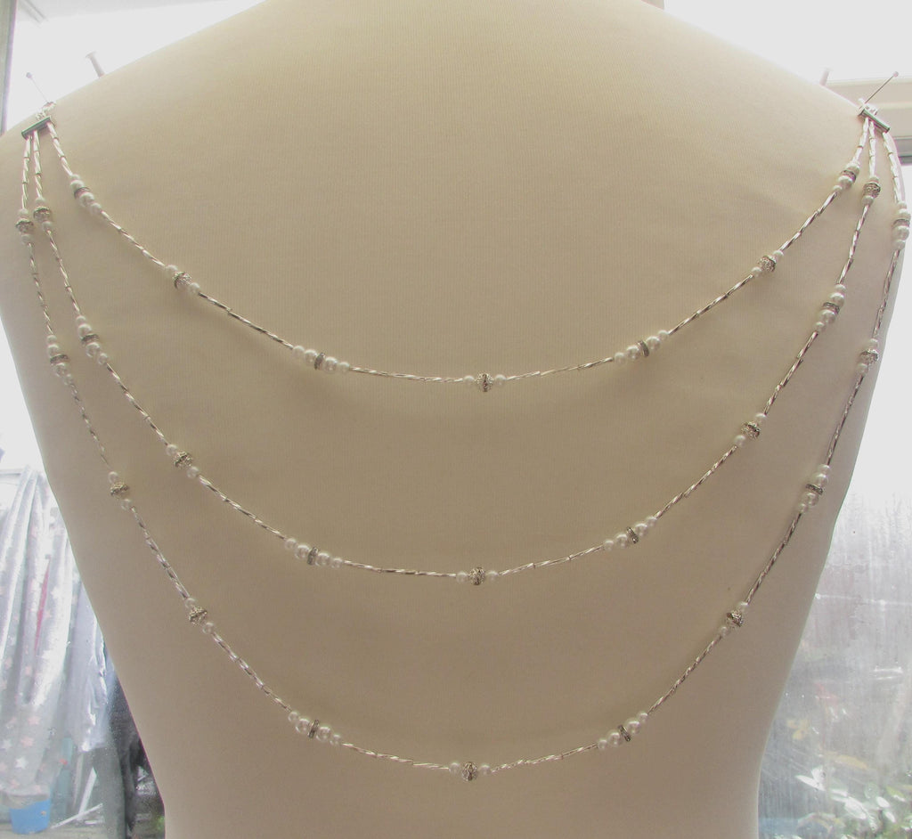 Diamantes pearl silver twists Wedding Back Draped chain Necklace: Wedding dress accessory. Handmade Silver Body Chain