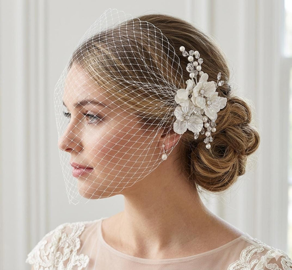 Birdcage veil bandeau 8 inch wedding veil Ivory Pearl crystal diamante flowers clip.