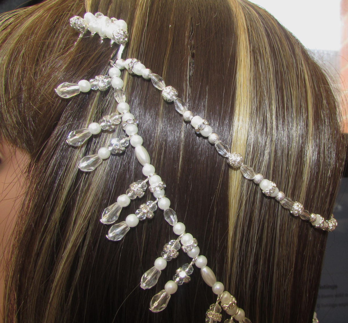 Crystal pearl diamante teardrop wedding hair chain accessory comb. Choose 2 rows. Bridal headpiece.