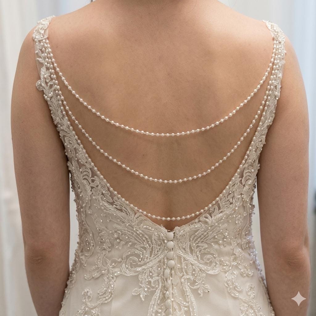 Crystal & Ivory Pearl Bridal Back Drape Chain: Wedding Dress Adornment  3 rows. colour options