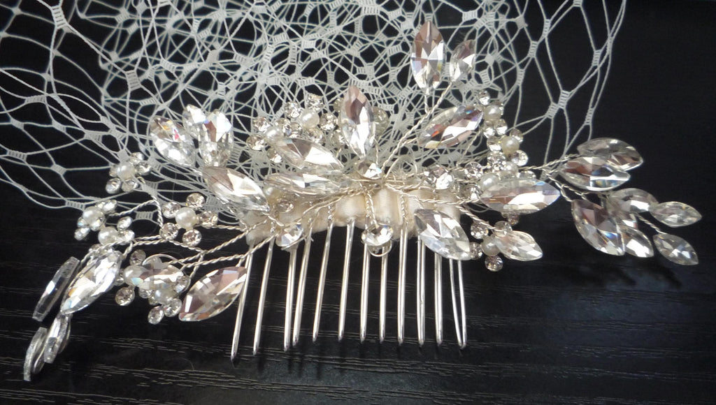 Ivory Birdcage Wedding Veil 12" | Diamante Crystal Pearl Comb | Handmade Bridal Veil