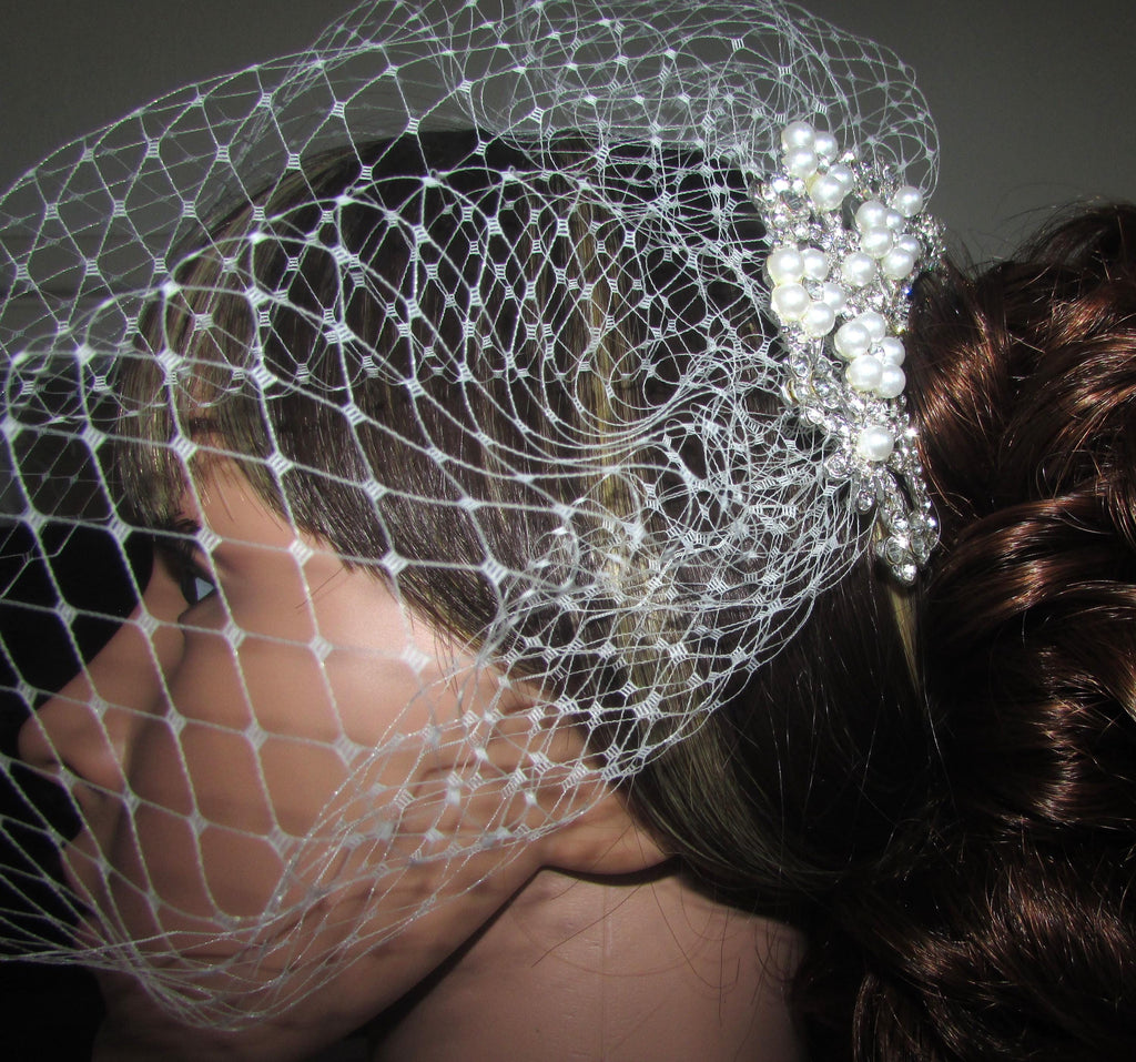 Birdcage veil wedding veil Ivory Diamante and Pearl arched comb.